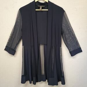 R&M Collection Navy Blue Open Front Cardigan Women's Sz 12 Sheer Paneled Sexy